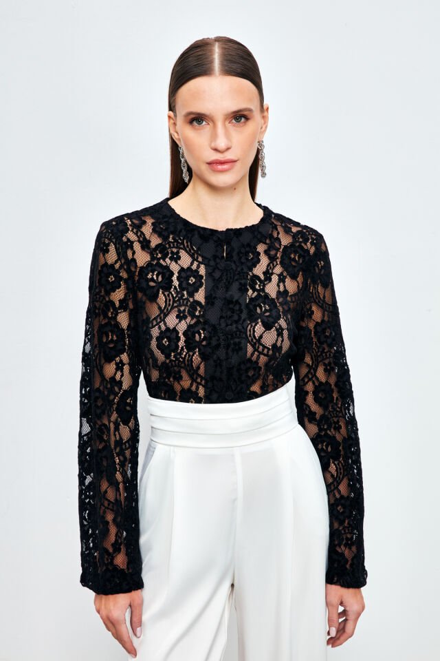 Dantelli Crop Bluz - Siyah