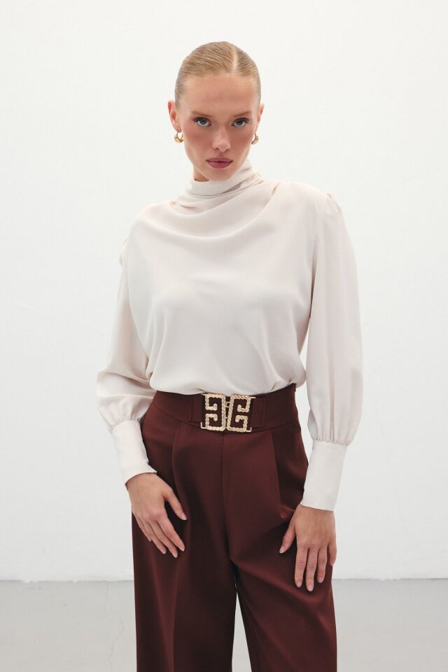 Drape Detaylı Bluz - Bej